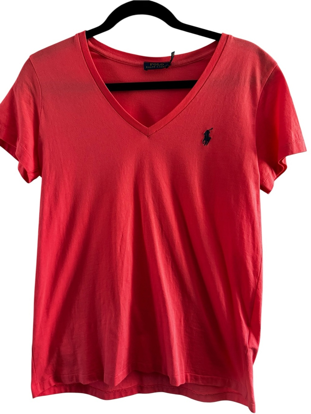 Polo Ralph Lauren Coral Pink V Neck Tee Classic Pony Logo Short Sleeve Top SZ M